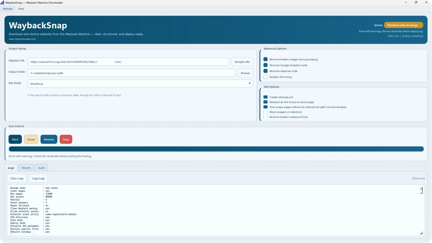WaybackSnap project setup screen for restoring websites from the Wayback Machine